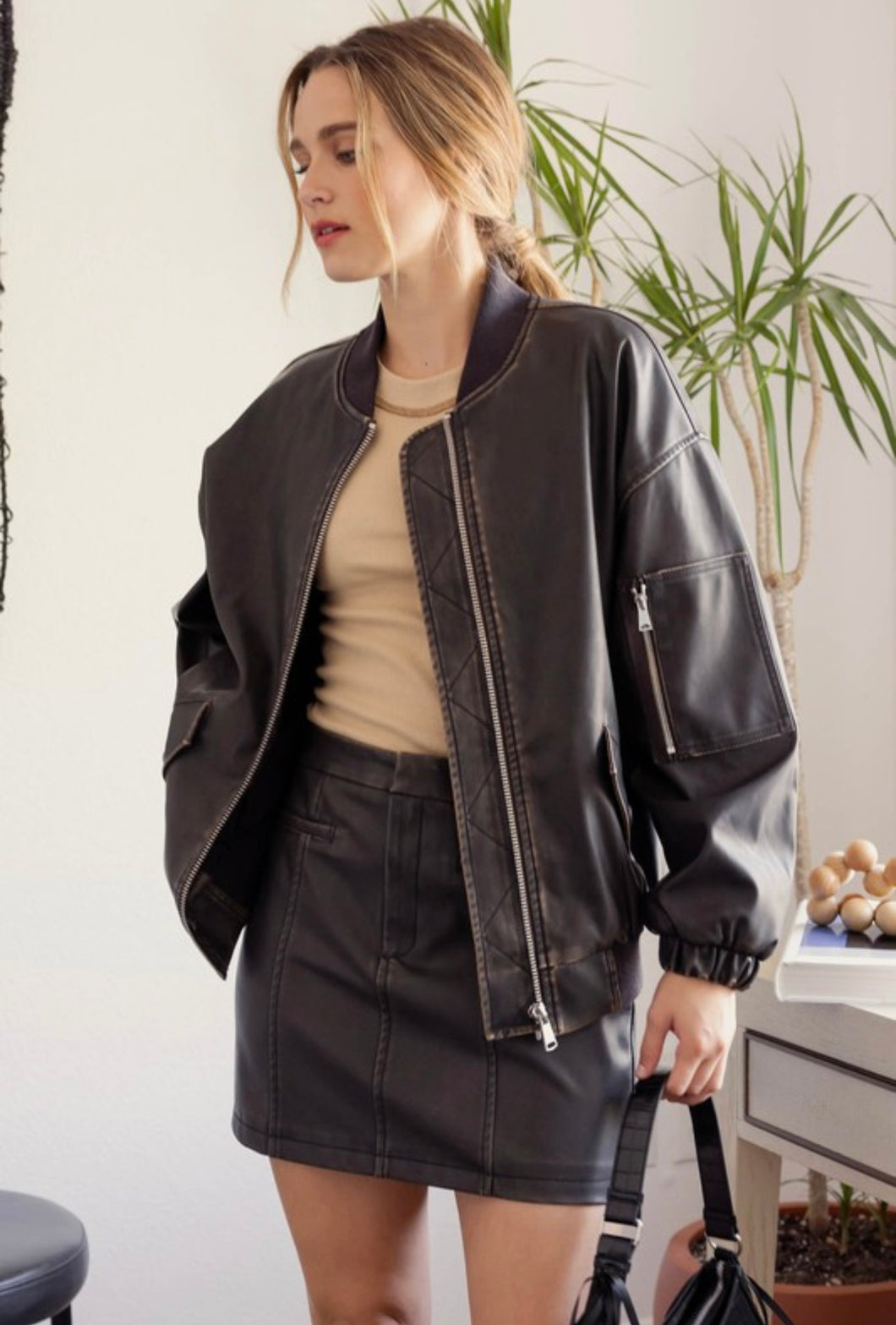 Oversized Faux Leather Zip Up Bomber Jacket