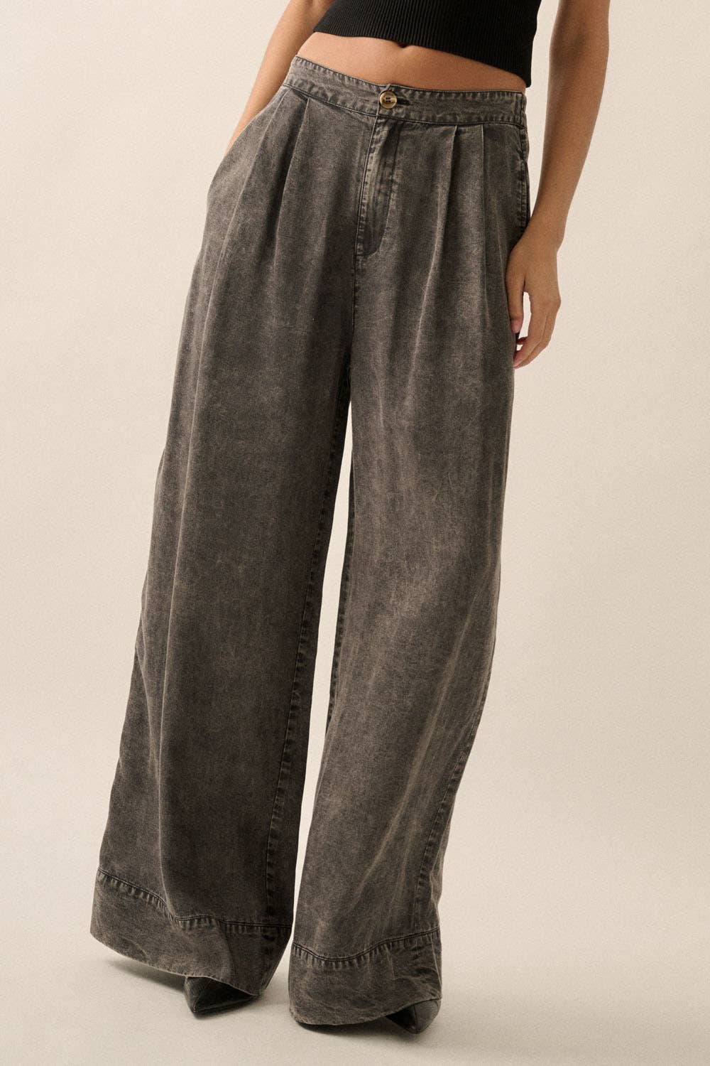 Mineral Washed Denim Pleated Wide-Leg Pants